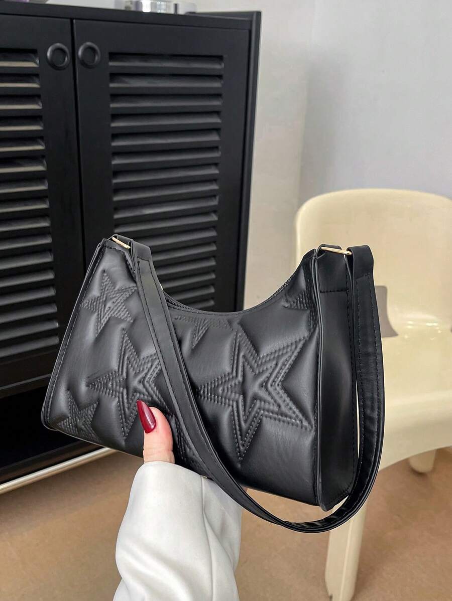 Solid Color Simple Light Luxury Pentacle Shoulder Bag - Black - View 1