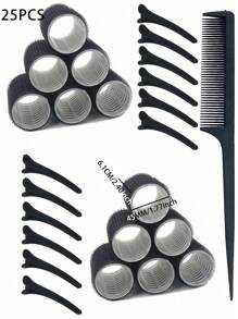 直径 3.5 厘米、5 厘米和 6 厘米，25 件套（12 个自粘卷发器，12 个发夹和 1 个发梳），适合 DIY 发型、情人节情侣礼物美发工具