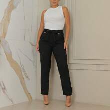 Women Pants - 米色 - 黑色 - 查看 3