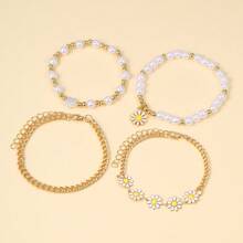 Conjunto De 4 Piezas De Pulseras Con Cuentas De Margarita Y Perlas Falsas - Set 4 pulseras margaritas - Ver 2