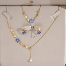 4pcs Golden Stainless Steel Gold-Plated Blue Drip Enamel Flower Tassel Necklace, Bracelet, Earrings Set - Chic, Elegant, Minimalistic, Vintage, Versatile, Suitable For Streetwear, Daily Wear, Commuting, Vacation, Weddings, Festival Parties, Gift For Women Valentines