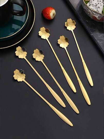 4pcs/Set Stainless Steel Cherry Blossom Shaped Spoon For Coffee, Dessert, Mixing, Mug Cup, Glass Cup, Creative Mini Spoon Set ,Kitchen,Christmas Gift