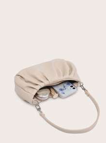 女士单肩包，法棍包，PU皱褶，百搭前链装饰，简约适合通勤，用于购物外出。 - 米色 - 查看 3