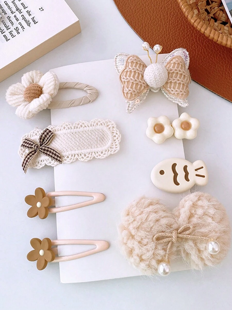 8入組咖啡色溫暖基本款嬰幼兒毛夾，編織針織髮夾卡通魚形髮夾女童花朵BB髮夾 - 米色 - 查看 1