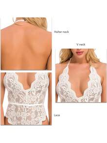 Lencería sexy para mujer Body de encaje con cuello en V profundo Lencería de peluche traviesa para novia Trajes de cuerpo Tops Trajes Bodys para mujer Lencería Tops sin mangas Babydoll de una pieza Mini ropa de dormir - Blanco - Ver 5