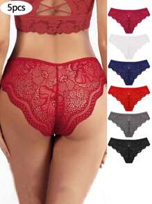 6入組女士蕾絲中腰內褲,舒適性感彈性帶花邊三角褲 - 彩色 - 查看 1