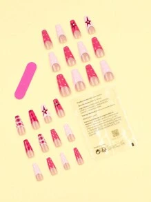 24pcs French Ballet Dancer Nail Stickers, Red & Pink Crocodile Skin Star Pattern, Acrylic Material, Fake Nails, Nail Sticker Set Includes 1pc Adhesive Sticker And 1pc Mini Nail File, Suitable For Daily Wear - Multicolor - View 2