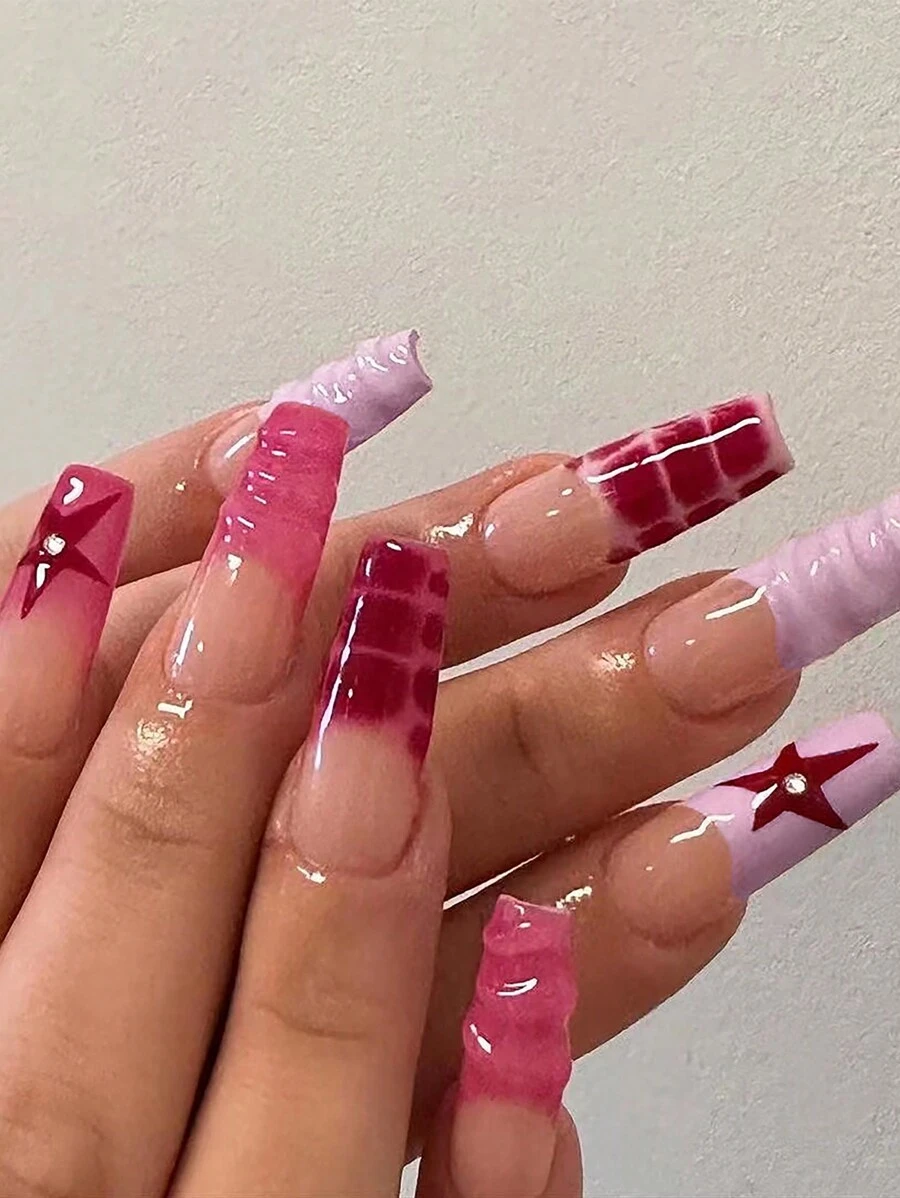 24pcs French Ballet Dancer Nail Stickers, Red & Pink Crocodile Skin Star Pattern, Acrylic Material, Fake Nails, Nail Sticker Set Includes 1pc Adhesive Sticker And 1pc Mini Nail File, Suitable For Daily Wear - Multicolor - View 1