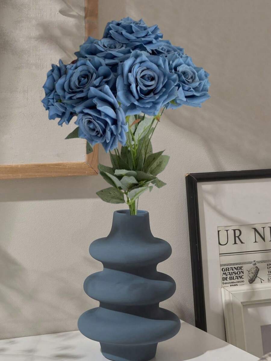 9-Head Roses Artificial Silk Flowers, Fake Roses With 43cm/17inch Long Stems Realistic Faux Rose Bouquets For Wedding Decorations Bridal Shower Floral Arrangements Party Home Table Decor Party Birthday,Valentine'S Day,Mother'S Day Gift Outdoor Decor - 藏蓝色 - 查看 1