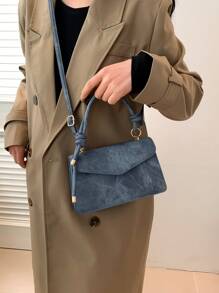 1 件纯色牛仔效果 PU 皮革方形包，配有可调节肩带和翻盖，时尚女士手提包，适合日常使用、大学生、工作、约会和购物，女士复古牛仔钱包