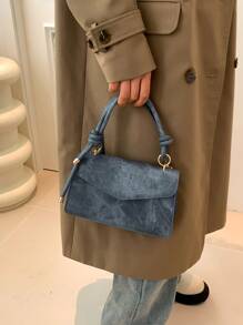 1 件纯色牛仔效果 PU 皮革方形包，配有可调节肩带和翻盖，时尚女士手提包，适合日常使用、大学生、工作、约会和购物，女士复古牛仔钱包