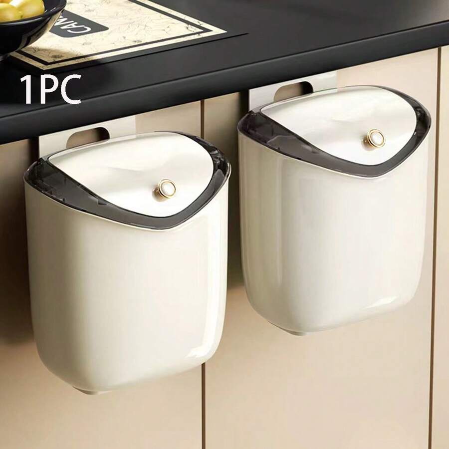 1pc Kitchen Dustbin With Lid, Wall-Mounted Trash Can, Capacity Garbage Bin, Highly Attractive Bathroom Paper Basket, Home Supplies, Room Decor, Cleaning Supplies - White - View 1