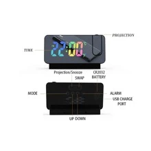 投影鬧鐘數字牆鐘,卧室鬧鐘帶投影仪,適用於重度睡眠者,成人和兒童,帶180°投影,調光器,usb充電器,投影時鐘適用於臥室天花板,彩色屏幕時鐘led大屏顯示無聲彩色屏幕創意電子投影鬧鐘 - 黑色 - 查看 5