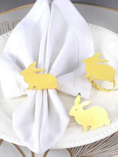 2pcs Gold-Color Simple Style Easter Bunny Napkin Rings For Home, Kitchen, Restaurant, Activity, Conference, Hotel, Festival, Wedding, Party, Birthday Banquet Table Decoration