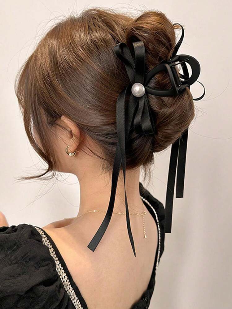 1pc New Super Fairy Black Ribbon Bow Clip Back Head Hair Clip Advanced Sense Hair Claw French Delicate Hair Clip Headwear - Black - View 2