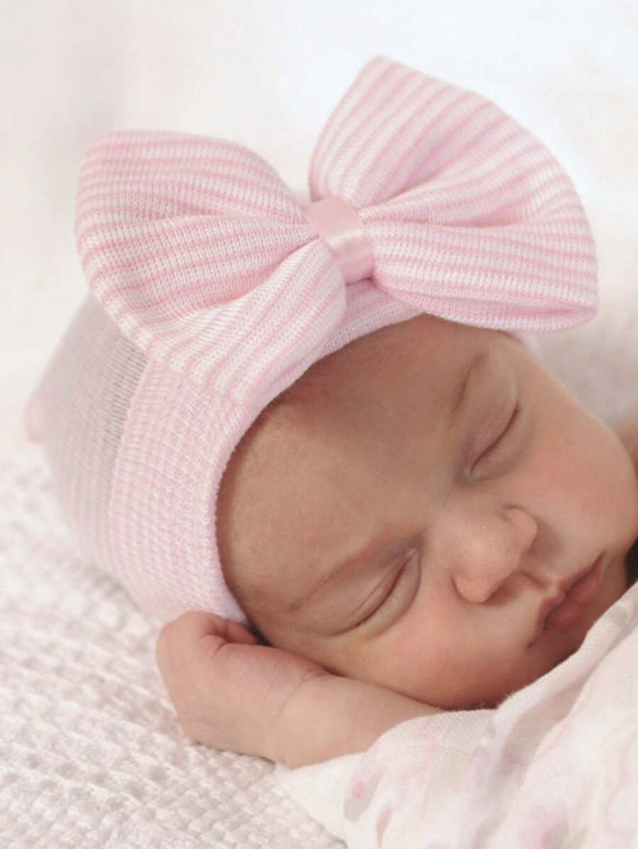 1pc Newborn Baby Hat With Big Bow, Knitted Beanie For Spring And Autumn - Pink - View 1