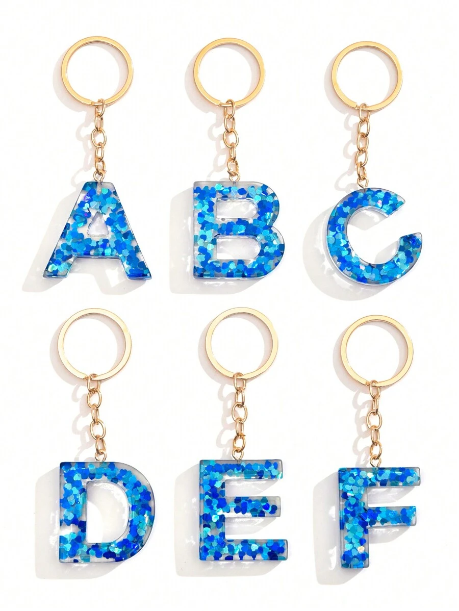 1個女士藍色黏合劑心型亮片可愛字母鑰匙扣,送給朋友的絕佳禮物 - 寶藍色 - 查看 1