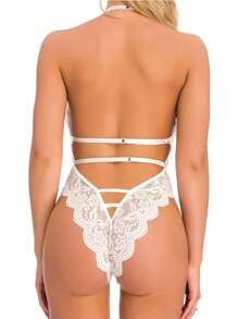 Lencería sexy para mujer Body de encaje con cuello en V profundo Lencería de peluche traviesa para novia Trajes de cuerpo Tops Trajes Bodys para mujer Lencería Tops sin mangas Babydoll de una pieza Mini ropa de dormir - Blanco - Ver 3
