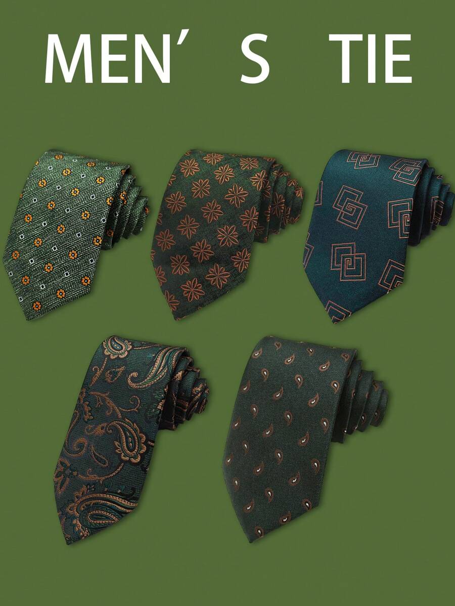 1 件男士时尚绿色圆点佩斯利和植物图案领带，适合正式场合和派对，工作领带