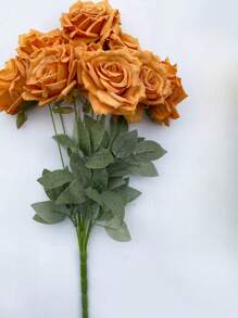 9-Head Roses Artificial Silk Flowers, Fake Roses With 43cm/17inch Long Stems Realistic Faux Rose Bouquets For Wedding Decorations Bridal Shower Floral Arrangements Party Home Table Decor Party Birthday,Valentine'S Day,Mother'S Day Gift Outdoor Decor - 橘色 - 查看 5