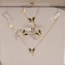 4pcs/Set Gold & Black Stainless Steel Matte Butterfly Necklace, Bracelet, Earrings Combination - Unique Neutral Retro Minimalist Fashionable Unisex Streetwear For Daily Wear, Parties, Holidays And More - Yellow Gold - View 6