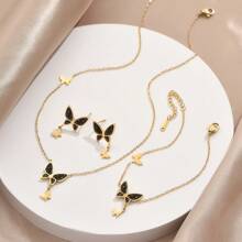 4pcs/Set Gold & Black Stainless Steel Matte Butterfly Necklace, Bracelet, Earrings Combination - Unique Neutral Retro Minimalist Fashionable Unisex Streetwear For Daily Wear, Parties, Holidays And More - Yellow Gold - View 5