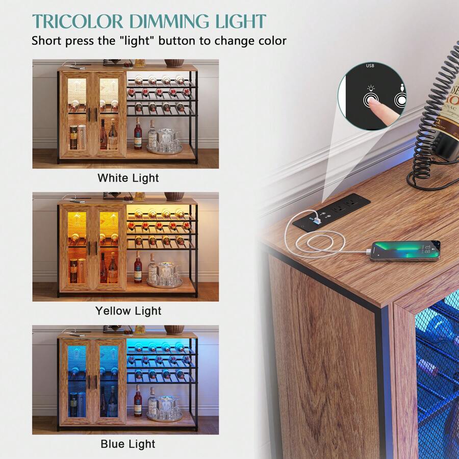Wine Bar With LED Light, Bar With Power Outlets, Home