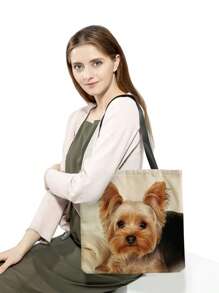 Cute Yorkie Dog Print Tote Bag, Large Capacity Travel Beach Bag, Fashionable Casual Handbag, Reusable Shopping Bag, Gift For Dog Lovers - Purple - View 3