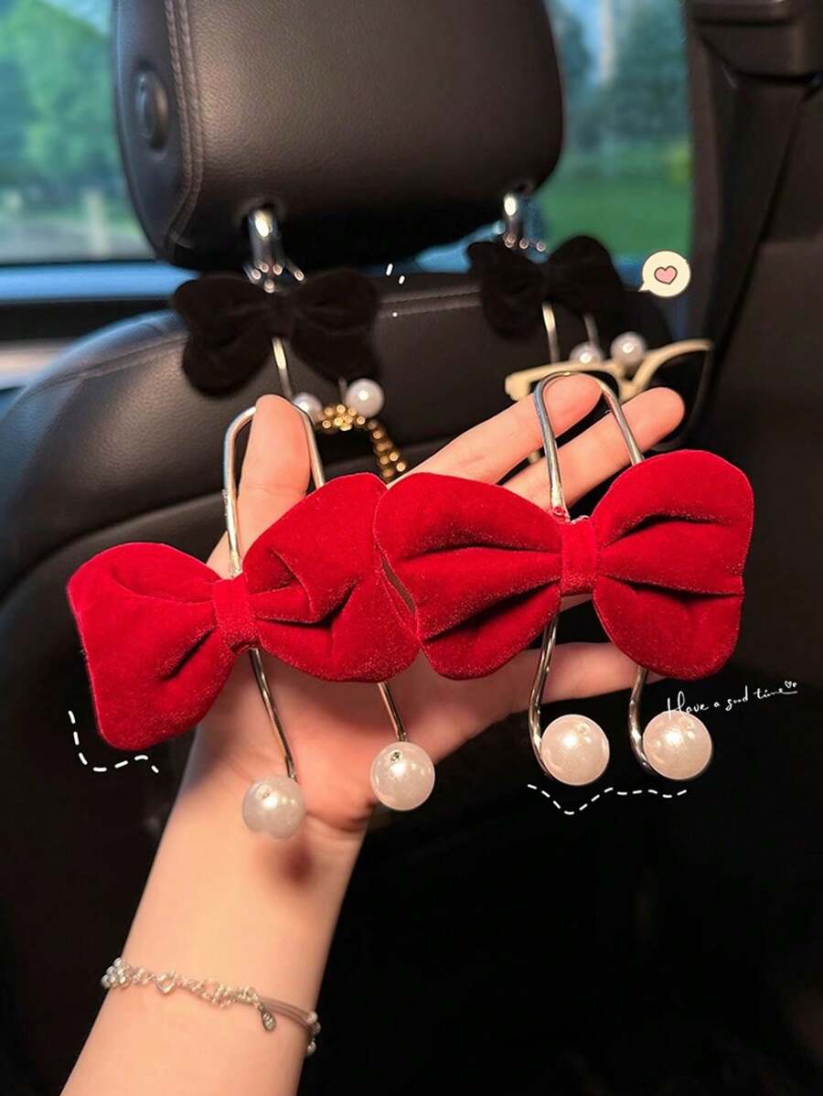 1入車用座椅背掛鉤：蝴蝶結設計，後座置物，多功能車內配件 - 黑色 - 查看 1