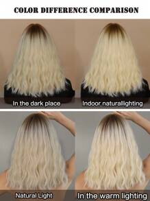 7JHH WIGS Platinum Blonde Wavy Wig Medium Length Wig With Bangs Dark Roots Synthetic Heat Resistant White Blonde Wig Natural Looking Shoulder Length Wigs For Women Daily And Date Use 16 Inch - Gold - View 8