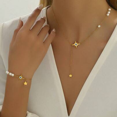 两件套镀金不锈钢珍珠几何星芒蓝眼项链手链套装，独特设计，男女皆宜的简约复古时尚配饰，适合情人节、婚礼、休闲、派对等场合。