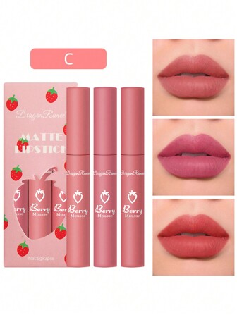 Dragon Ranee 3入組草莓啞光唇彩成套工具,持久絲絨不粘杯子可愛口紅
