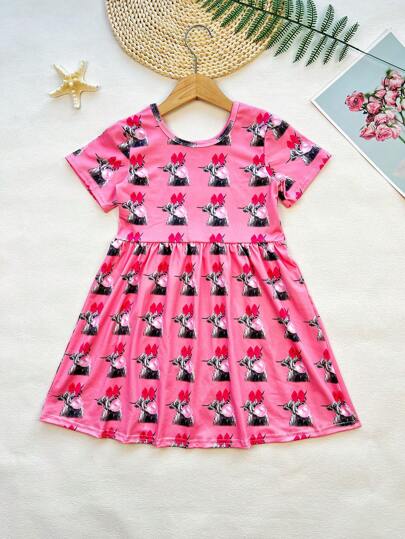 Young Girl Valentine Animal Allover Print Casual Dress