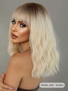 7JHH WIGS Platinum Blonde Wavy Wig Medium Length Wig With Bangs Dark Roots Synthetic Heat Resistant White Blonde Wig Natural Looking Shoulder Length Wigs For Women Daily And Date Use 16 Inch - Gold - View 4