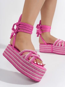 Women's  Strappy Rope Square Toe Platform - Platform Square Toe Strappy Mid Heel For Running Errands - 粉色 - 查看 3