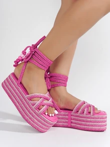 Women's  Strappy Rope Square Toe Platform - Platform Square Toe Strappy Mid Heel For Running Errands - 粉色 - 查看 4