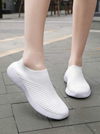 Damen einfarbige atmungsaktive Mesh Lässig Sportschuhe, minimalistisches Design, leichte rutschfeste bequeme Flat Sneaker