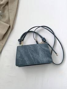1 件纯色牛仔效果 PU 皮革方形包，配有可调节肩带和翻盖，时尚女士手提包，适合日常使用、大学生、工作、约会和购物，女士复古牛仔钱包