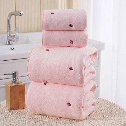 1/2/3pcs Coral Fleece Embroidered Cherry Hand Towel/Face Towel/Bath Towel, Absorbent Microfiber Solid Color Embroidered Strawberry Bath Towel Or Hand Towel, Couples Use, Soft & Skin-Friendly, Bathroom Accessories For Beauty Salon Home Bathroom Shower Towels For Beauty Salon, Hotel Sports,Home Essentials, Towel, Skin Care Bath Towel Sheet