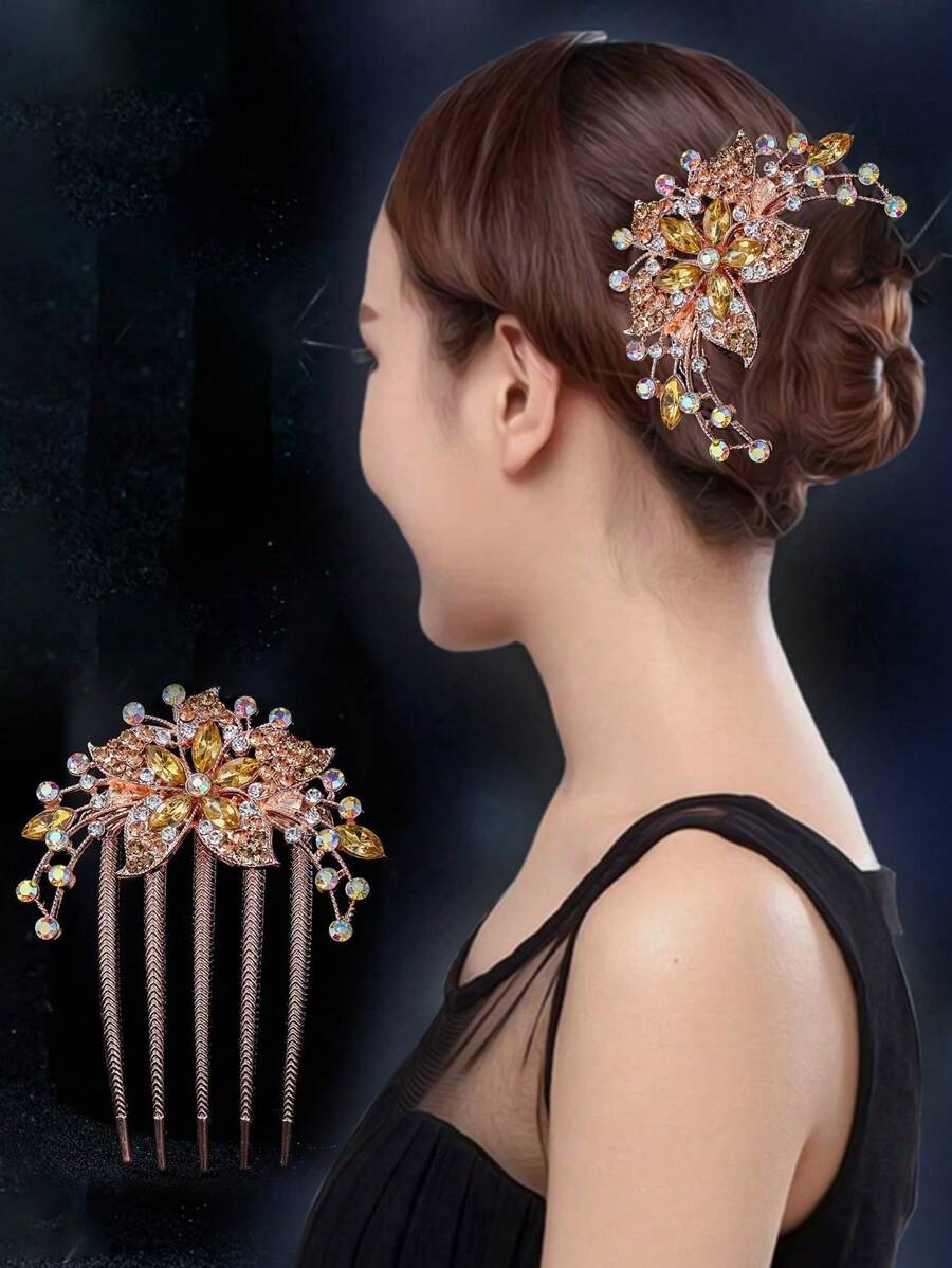 女士精美水晶花朵发梳、发簪、发夹套装，新娘发饰，适合盘发，优雅侧梳，适合上学、婚礼、头饰、伴娘 - 香檳色 - 查看 1