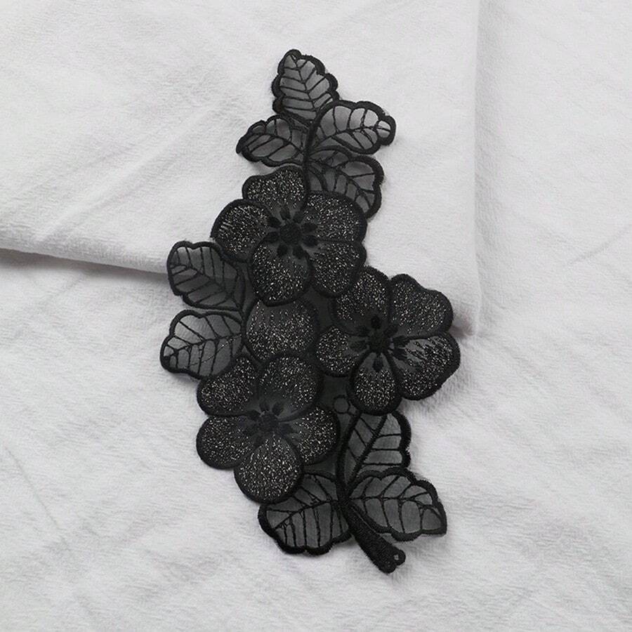 1pc Black Embroidered Lace & Organza Fabric Iron-On Patch - Black - View 1
