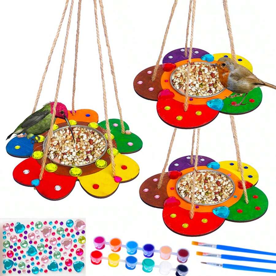 3 Piece Hanging Bird Feeder With Tray, Wooden Wild Bird Bird Seed