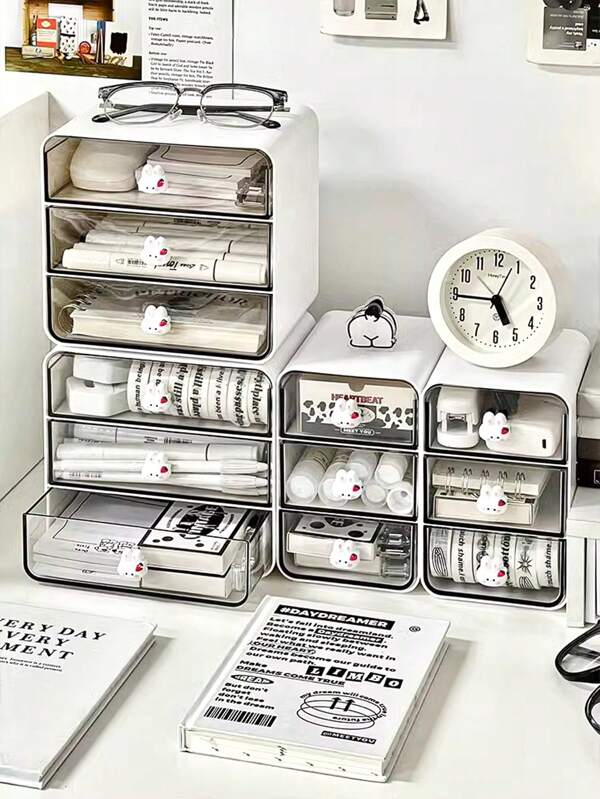 White Desktop Storage Box With Three Layers Of Drawers And Cartoon ...