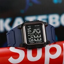 1個男女通用藍色tpu材質方形運動電子手錶,黑色屏幕,帶有日曆、定時器、鬧鐘、夜光顯示,適合戶外休閒運動風格,日常裝飾和佩戴 - 藍色 - 查看 1