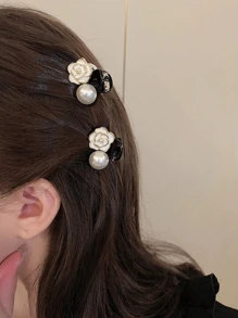 2个甜美山茶花和仿珍珠装饰公主发夹，适合半扎发，日常佩戴优雅情人节发夹，爪夹发卡，发夹，发卡，学习用品，珍珠发饰
