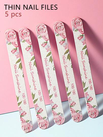 NailSunshine Bộ 5 dũa móng tay họa tiết hoa, lõi gỗ siêu mỏng dùng để chăm sóc và làm mịn móng chuyên nghiệp, đồ dùng làm móng, dụng cụ làm móng, dụng cụ vẽ móng, trở lại trường, móng tay, dụng cụ làm móng để dán móng