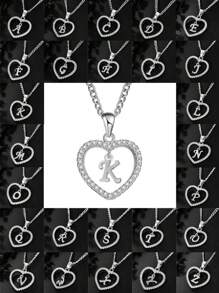 1 pieza Collar con colgante de corazón y letra de moda para mujeres, collar con dije con contorno de corazón y letras del alfabeto del A al Z, personalizable con nombre o aniversario, versátil para uso diario