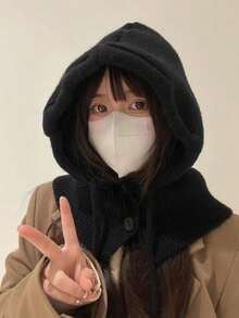 韓國風格貝雷帽圍巾套裝女士,冬季厚實針織灰色帽子帶耳保護 - 灰色 - 查看 10