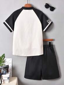 Vihyde Tween Boy Letter Printed Stand Collar Four-Button Color Block Short Sleeve Shirt & Shorts Casual Holiday Summer Outfit - Apricot - View 2