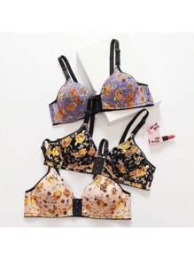 3 Piece Set Plus Size Underwear No Steel Ring Front Buckle Ruched Beauty Back Bra - Black - View 6